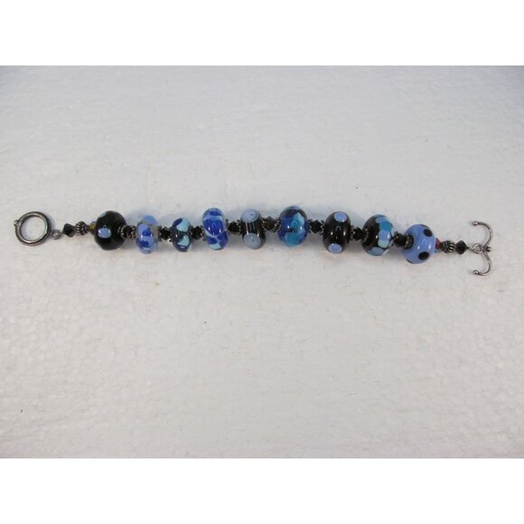 Blue and Black Lampwork Art Glass Beaded Bracelet with Toggle Clasp - Picture 10 of 13
